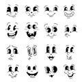 Vintage cartoon faces monochrome collection vector illustration. Retro funny characters comic smile