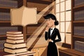 Vintage cartoon librarian in formal attire inside cozy library with books and sunlight Royalty Free Stock Photo