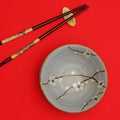 Vintage carved asian chopsticks with traditional dragon design made from porcelain and wood closeup on red background.