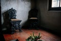 Vintage carved renaissance chairs. Interior of gothic medieval castle Svihov in Pilsen Region, Czech Republic