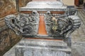 Carved stone elephant heads decorate a Hindu temple in Bali Indonesia