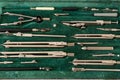 Vintage case of drawing instruments with compasses