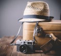 Vintage case and retro photo camera Royalty Free Stock Photo