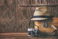 Vintage case and retro photo camera Royalty Free Stock Photo