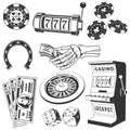 Vintage Casino and gambling tools and elements silhouettes set in monochrome style isolated. Vector. Set include Royalty Free Stock Photo