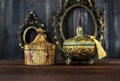 Vintage Caskets and bottles and bronze antique frames