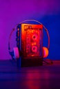 Vintage cassette tape player in neon light. 80s - 90s advertisement style. Disco party nostalgy concept Royalty Free Stock Photo