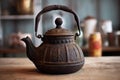 vintage cast iron teapot with steam, cozy setting