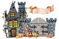 Vintage castle and horrible smiling pumpkins for Halloween. Hand drawn watercolor illustration isolated on white white