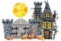 Vintage castle and horrible smiling pumpkins for Halloween. Hand drawn watercolor illustration isolated on white white