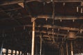 Vintage ceiling of a wrecked ship. Rusty hull of a burned ship