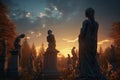 Vintage Cemetery Statues at Dusk Evocative