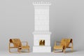 Vintage Ceramic Fireplace with Plywood Armchair in new Scandinavian Style Interior 3d render