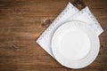 Vintage ceramic plate over table napkin on dark wooden background