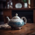 A vintage ceramic teapot with a floral pattern in a cozy living room