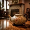 A vintage ceramic teapot with a floral pattern in a cozy living room