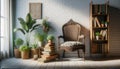 Vintage chair, home plants and stack of books on floor at white brick wall background, copy space. Cozy home concept, AI Generated