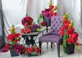 Vintage chair and table with many plastic plants and flowers, fabric background Royalty Free Stock Photo