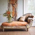 Vintage Chaise Lounge With Flowers And Old Wood In Front Of Dingy Door