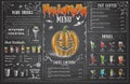 Vintage chalk drawing halloween menu design. Restaurant menu