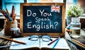 Vintage chalkboard with Do You Speak English? question, British flag, and pencils on rustic wooden backdrop, representing Royalty Free Stock Photo