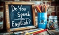 Vintage chalkboard with Do You Speak English? question, British flag, and pencils on rustic wooden backdrop, representing Royalty Free Stock Photo