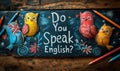 Vintage chalkboard with Do You Speak English? question, British flag, and pencils on rustic wooden backdrop, representing Royalty Free Stock Photo