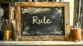 Rule written on dusty chalkboard in rustic workshop Royalty Free Stock Photo