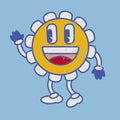 Vintage chamomile flower emoji laughing smile. Retro naive emoticon.