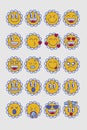 Vintage chamomile flower face emoji set. Retro 90s 80s 70s emoticon.