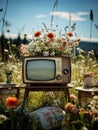 Vintage Charm: Adorable TV Amid Spring Blooms in the Field