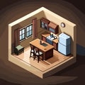 Vintage Charm: Isometric Render of a Cozy Kitchen in a Village House