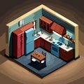 Vintage Charm: Isometric Render of a Cozy Kitchen in a Village House