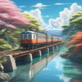 Vintage Charm: Japanese Train's Sunset Crossing