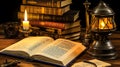 Vintage Charm: Old Books, Lantern, and Candlestick on Wooden Table Royalty Free Stock Photo