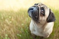 Vintage charm Old pug gazes at the horizon in a meadow