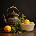 Vintage Charm: Old Tea Kettle with Bergamots on Wooden Tabl