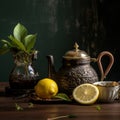 Vintage Charm: Old Tea Kettle and Bergamots on Wooden Table