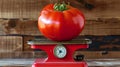 Vintage Charm: Weighing the Bounty of a Homegrown Red Tomato on a Classic Kitchen Scale - Royalty Free Stock Photo