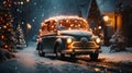 Vintage Charm in a Winter Wonderland: Small Car Adorned with Christmas Lights in Snowy Forest Royalty Free Stock Photo