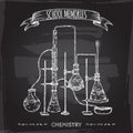 Vintage chemistry lab equipment sketch placed on old blackboard background. Royalty Free Stock Photo