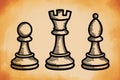 Vintage chess pieces illustration: rook, bishop, and pawn on distressed background Royalty Free Stock Photo