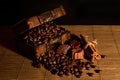 Vintage chest filled with coffee beans and candies Royalty Free Stock Photo