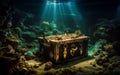vintage chest with pirate treasures, jewels, at the bottom of the sea, generative ai Royalty Free Stock Photo