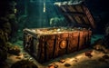 vintage chest with pirate treasures, jewels, at the bottom of the sea, generative ai Royalty Free Stock Photo