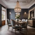 A vintage chic dining room with distressed furniture and crystal chandelier2