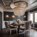 A vintage chic dining room with distressed furniture and crystal chandelier1