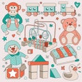 Vintage Children Toys Vector Set Illustrations - Cymbal Banging Monkey, Wooden Train, Teddy Bear, Roller Coaster, Clown Surprise B