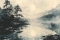 Vintage Chinese landscape drawing of a lake, trees, and fog in black and white. Concept Chinese Royalty Free Stock Photo