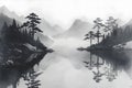 Vintage Chinese landscape drawing of lake trees and fog in black and white. Concept Landscape Royalty Free Stock Photo